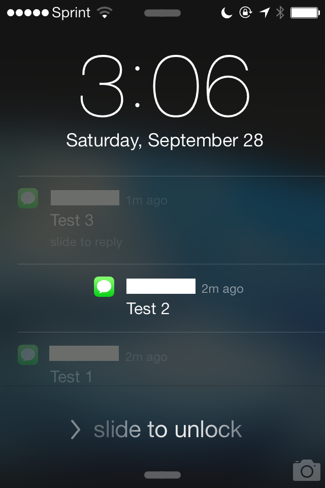 Lock screen in iOS 7, one notification being swiped